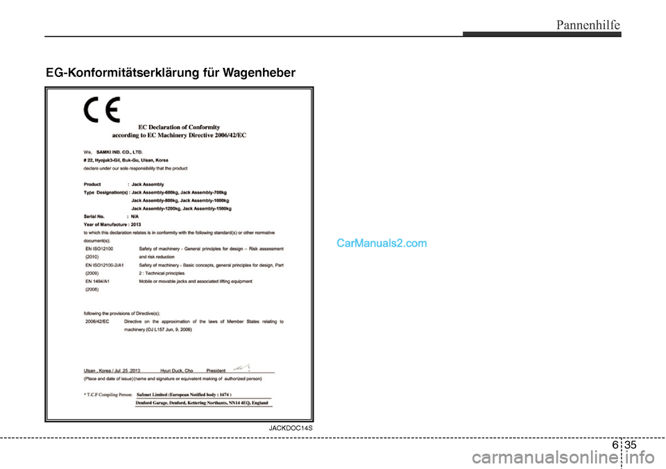 Hyundai Grand Santa Fe 2016  Betriebsanleitung (in German) EG-Konformitätserklärung für Wagenheber
JACKDOC14S
Pannenhilfe
35
6  