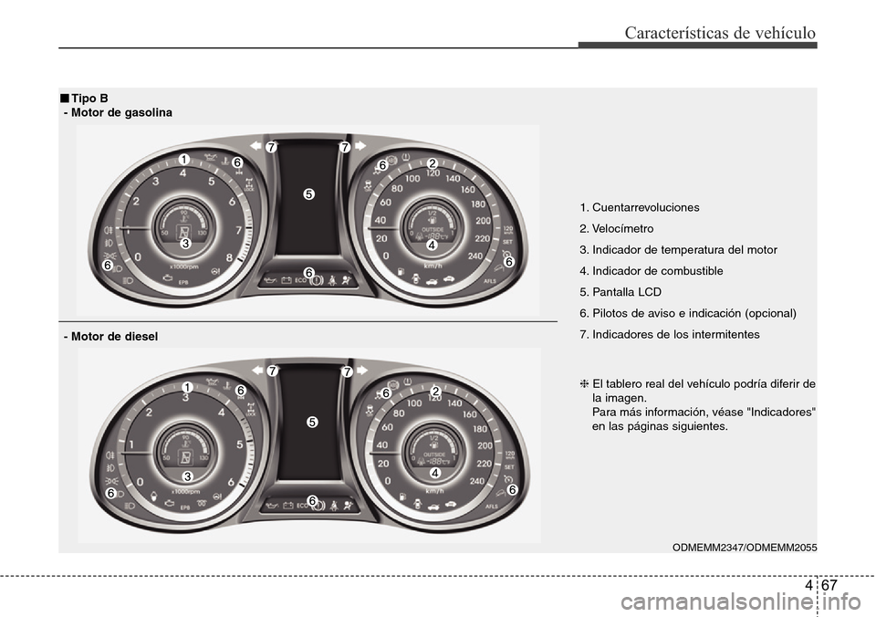 Hyundai Grand Santa Fe 2016  Manual del propietario (in Spanish) 467
Características de vehículo
ODMEMM2347/ODMEMM2055
■Tipo B
- Motor de gasolina
- Motor de diesel
1. Cuentarrevoluciones
2. Velocímetro
3. Indicador de temperatura del motor
4. Indicador de com
