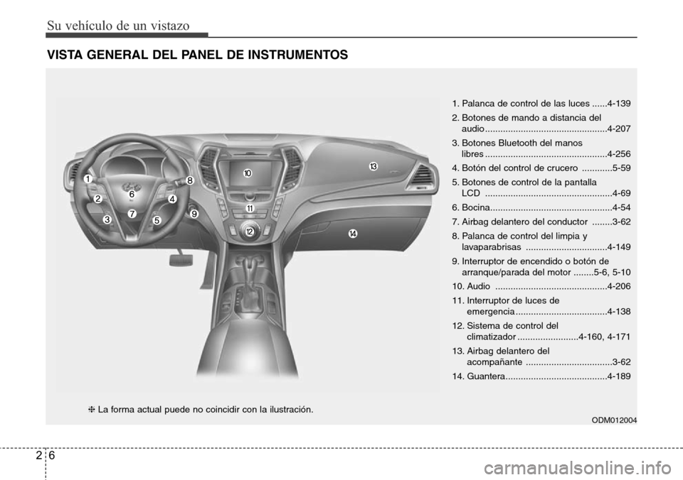 Hyundai Grand Santa Fe 2016 Manual del propietario (in Spanish) Su vehículo de un vistazo
6 2
VISTA GENERAL DEL PANEL DE INSTRUMENTOS
1. Palanca de control de las luces ......4-139
2. Botones de mando a distancia del
audio ....................................... Hyundai Grand Santa Fe 2016 Manual del propietario (in Spanish) Su vehículo de un vistazo
6 2
VISTA GENERAL DEL PANEL DE INSTRUMENTOS
1. Palanca de control de las luces ......4-139
2. Botones de mando a distancia del
audio .......................................