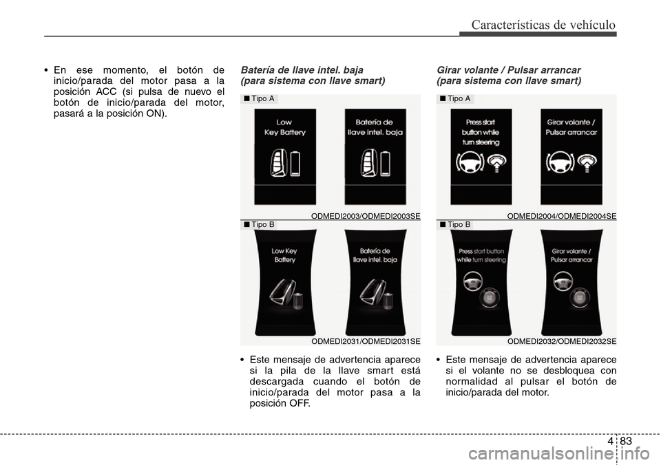 Hyundai Grand Santa Fe 2016  Manual del propietario (in Spanish) 483
Características de vehículo
• En ese momento, el botón de
inicio/parada del motor pasa a la
posición ACC (si pulsa de nuevo el
botón de inicio/parada del motor,
pasará a la posición ON).B