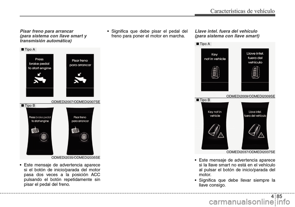 Hyundai Grand Santa Fe 2016  Manual del propietario (in Spanish) 485
Características de vehículo
Pisar freno para arrancar 
(para sistema con llave smart y
transmisión automática)
• Este mensaje de advertencia aparece
si el botón de inicio/parada del motor
p