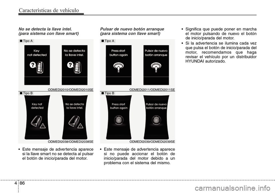 Hyundai Grand Santa Fe 2016  Manual del propietario (in Spanish) Características de vehículo
86 4
No se detecta la llave intel.
(para sistema con llave smart)
• Este mensaje de advertencia aparece
si la llave smart no se detecta al pulsar
el botón de inicio/pa