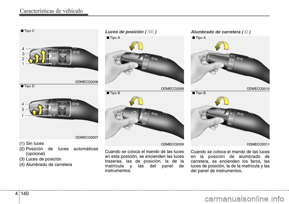 Hyundai Grand Santa Fe 2016  Manual del propietario (in Spanish) Características de vehículo
140 4
(1) Sin luces
(2) Posición de luces automáticas
(opcional)
(3) Luces de posición
(4) Alumbrado de carretera
Luces de posición ( )
Cuando se coloca el mando de l