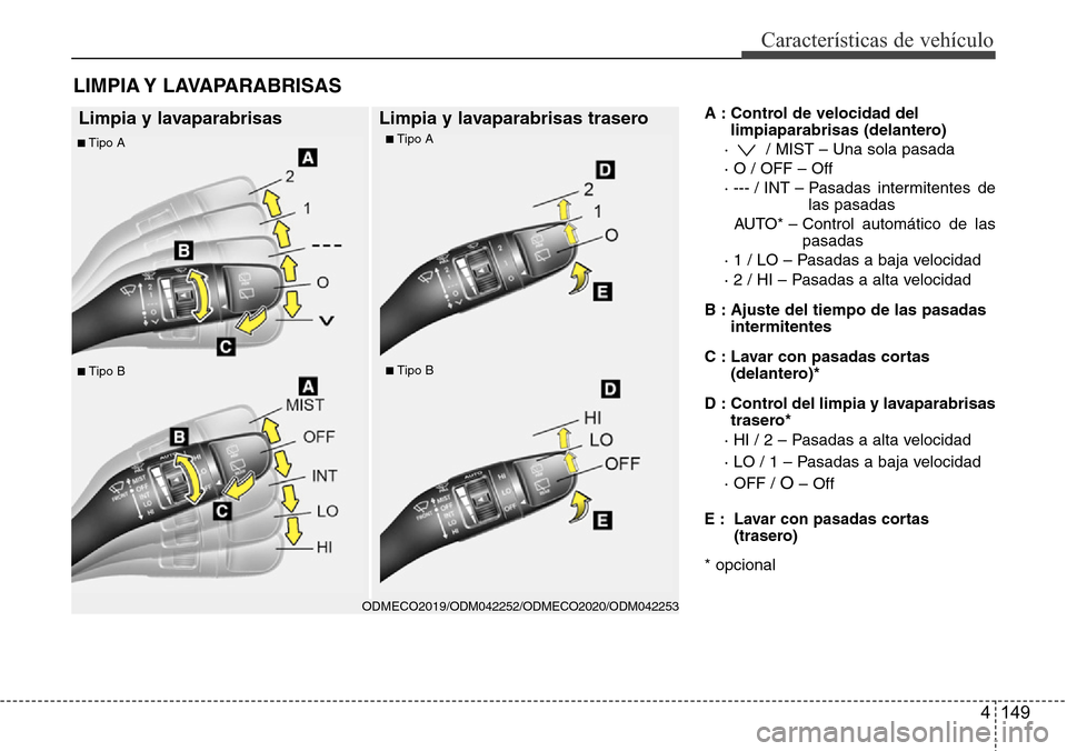 Hyundai Grand Santa Fe 2016  Manual del propietario (in Spanish) 4 149
Características de vehículo
A : Control de velocidad del
limpiaparabrisas (delantero)
·  / MIST – Una sola pasada
· O / OFF – Off
· --- / INT – Pasadas  intermitentes  de
las pasadas
