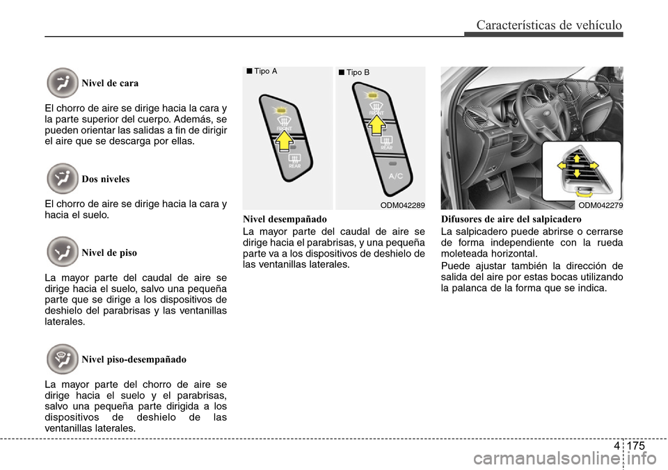 Hyundai Grand Santa Fe 2016 Manual del propietario (in Spanish) 4 175
Características de vehículo
Nivel de cara
El chorro de aire se dirige hacia la cara y
la parte superior del cuerpo. Además, se
pueden orientar las salidas a fin de dirigir
el aire que se desc Hyundai Grand Santa Fe 2016 Manual del propietario (in Spanish) 4 175
Características de vehículo
Nivel de cara
El chorro de aire se dirige hacia la cara y
la parte superior del cuerpo. Además, se
pueden orientar las salidas a fin de dirigir
el aire que se desc