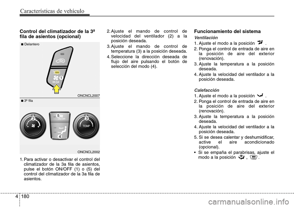 Hyundai Grand Santa Fe 2016 Manual del propietario (in Spanish) Características de vehículo
180 4
Control del climatizador de la 3ª
fila de asientos (opcional)
1. Para activar o desactivar el control del
climatizador de la 3a fila de asientos,
pulse el botón O Hyundai Grand Santa Fe 2016 Manual del propietario (in Spanish) Características de vehículo
180 4
Control del climatizador de la 3ª
fila de asientos (opcional)
1. Para activar o desactivar el control del
climatizador de la 3a fila de asientos,
pulse el botón O
