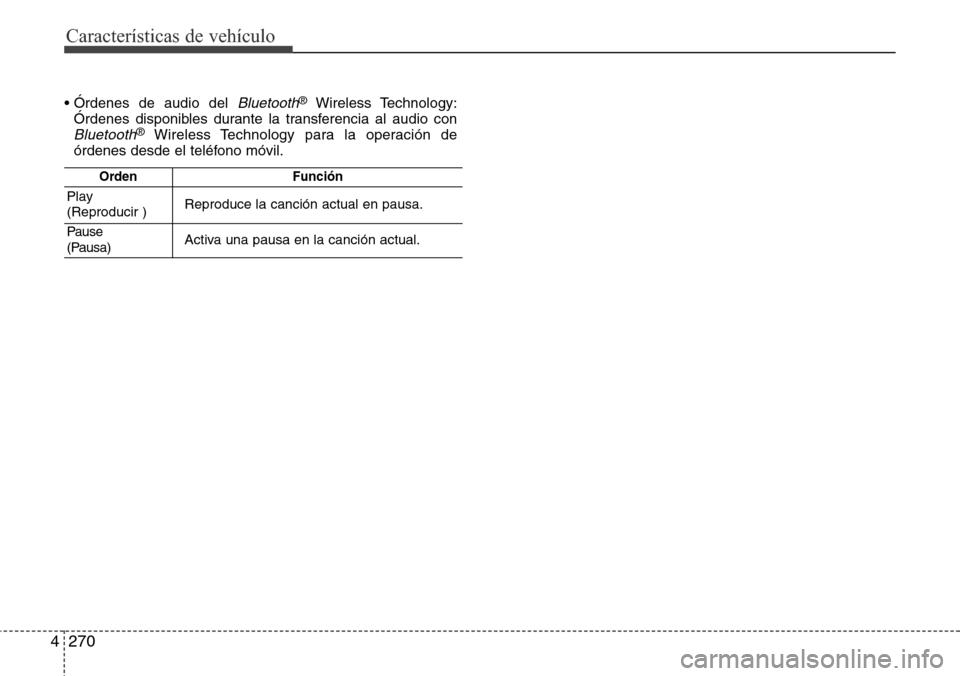 Hyundai Grand Santa Fe 2016  Manual del propietario (in Spanish) Características de vehículo
270 4
• Órdenes de audio del Bluetooth®Wireless Technology:
Órdenes disponibles durante la transferencia al audio con
Bluetooth®Wireless Technology para la operaci