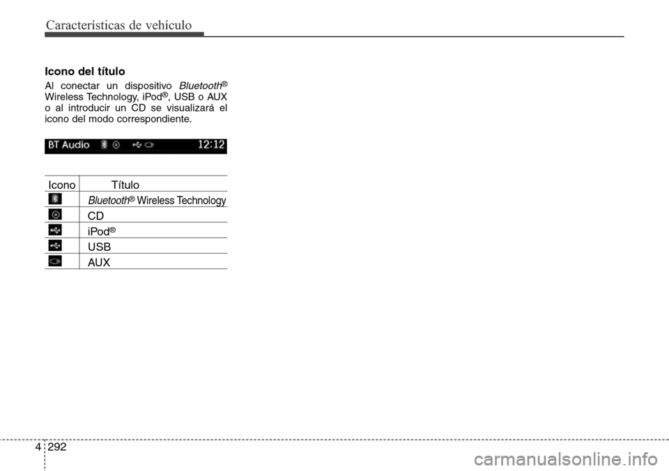 Hyundai Grand Santa Fe 2016  Manual del propietario (in Spanish) Características de vehículo
292 4
Icono del título 
Al conectar un dispositivo Bluetooth®
Wireless Technology, iPod®, USB o AUX
o al introducir un CD se visualizará el
icono del modo correspondi
