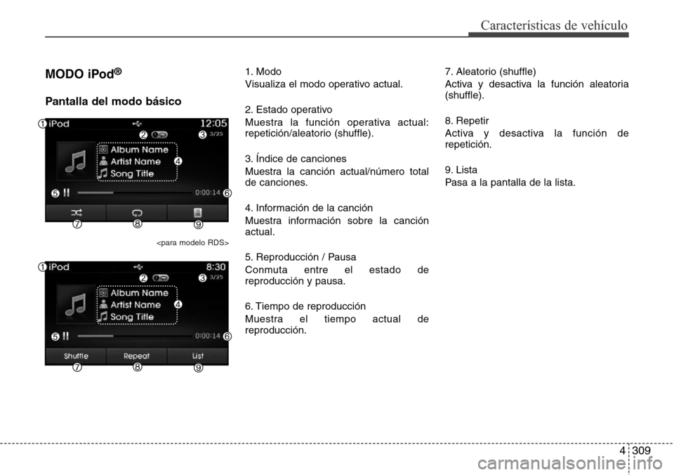 Hyundai Grand Santa Fe 2016  Manual del propietario (in Spanish) 4309
Características de vehículo
MODO iPod®
Pantalla del modo básico
<para modelo RDS>
1. Modo
Visualiza el modo operativo actual.
2. Estado operativo
Muestra la función operativa actual:
repetic