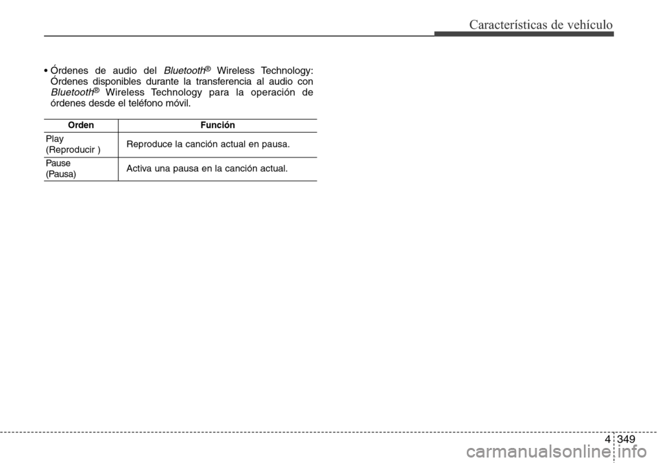 Hyundai Grand Santa Fe 2016  Manual del propietario (in Spanish) 4349
Características de vehículo
• Órdenes de audio del Bluetooth®Wireless Technology:
Órdenes disponibles durante la transferencia al audio con
Bluetooth®Wireless Technology para la operació