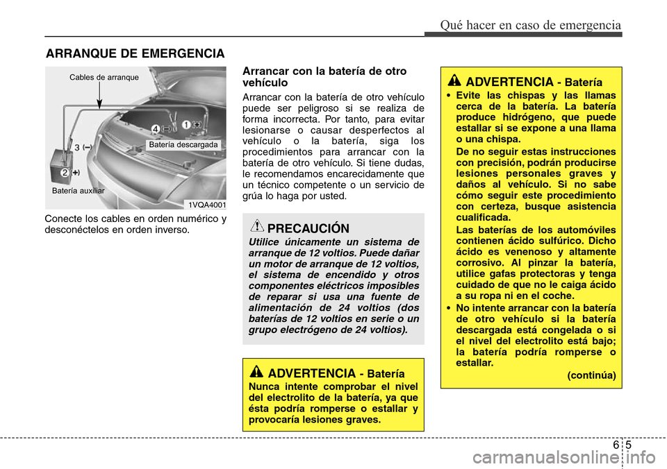 Hyundai Grand Santa Fe 2016 Manual del propietario (in Spanish) 65
Qué hacer en caso de emergencia
ARRANQUE DE EMERGENCIA
Conecte los cables en orden numérico y
desconéctelos en orden inverso.
Arrancar con la batería de otro
vehículo
Arrancar con la batería Hyundai Grand Santa Fe 2016 Manual del propietario (in Spanish) 65
Qué hacer en caso de emergencia
ARRANQUE DE EMERGENCIA
Conecte los cables en orden numérico y
desconéctelos en orden inverso.
Arrancar con la batería de otro
vehículo
Arrancar con la batería