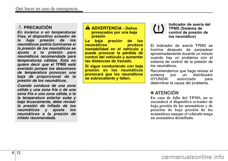 Hyundai Grand Santa Fe 2016 Manual del propietario (in Spanish) Qué hacer en caso de emergencia
12 6
Indicador de avería del
TPMS (Sistema de
control de presión de
los neumático)
El indicador de avería TPMS se
ilumina después de parpadear
aproximadamente dur Hyundai Grand Santa Fe 2016 Manual del propietario (in Spanish) Qué hacer en caso de emergencia
12 6
Indicador de avería del
TPMS (Sistema de
control de presión de
los neumático)
El indicador de avería TPMS se
ilumina después de parpadear
aproximadamente dur