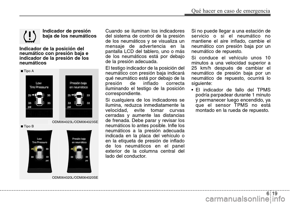 Hyundai Grand Santa Fe 2016 Manual del propietario (in Spanish) 619
Qué hacer en caso de emergencia
Indicador de presión
baja de los neumáticos
Indicador de la posición del
neumático con presión baja e
indicador de la presión de los
neumáticosCuando se ilu Hyundai Grand Santa Fe 2016 Manual del propietario (in Spanish) 619
Qué hacer en caso de emergencia
Indicador de presión
baja de los neumáticos
Indicador de la posición del
neumático con presión baja e
indicador de la presión de los
neumáticosCuando se ilu