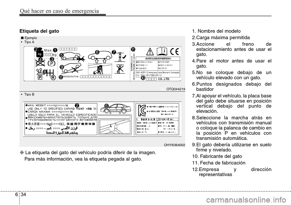Hyundai Grand Santa Fe 2016  Manual del propietario (in Spanish) Qué hacer en caso de emergencia
34 6
Etiqueta del gato1. Nombre del modelo
2.Carga máxima permitida
3.Accione el freno de
estacionamiento antes de usar el
gato.
4.Pare el motor antes de usar el
gato