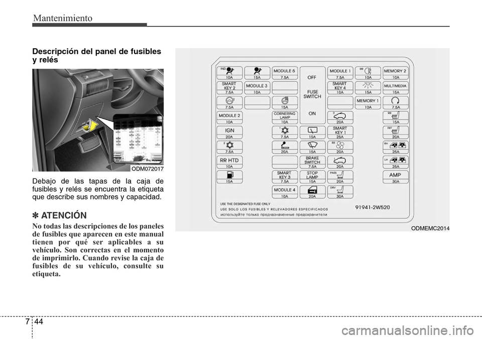 Hyundai Grand Santa Fe 2016  Manual del propietario (in Spanish) Mantenimiento
44 7
Descripción del panel de fusibles
y relés
Debajo de las tapas de la caja de
fusibles y relés se encuentra la etiqueta
que describe sus nombres y capacidad.
✽ ATENCIÓN
No todas