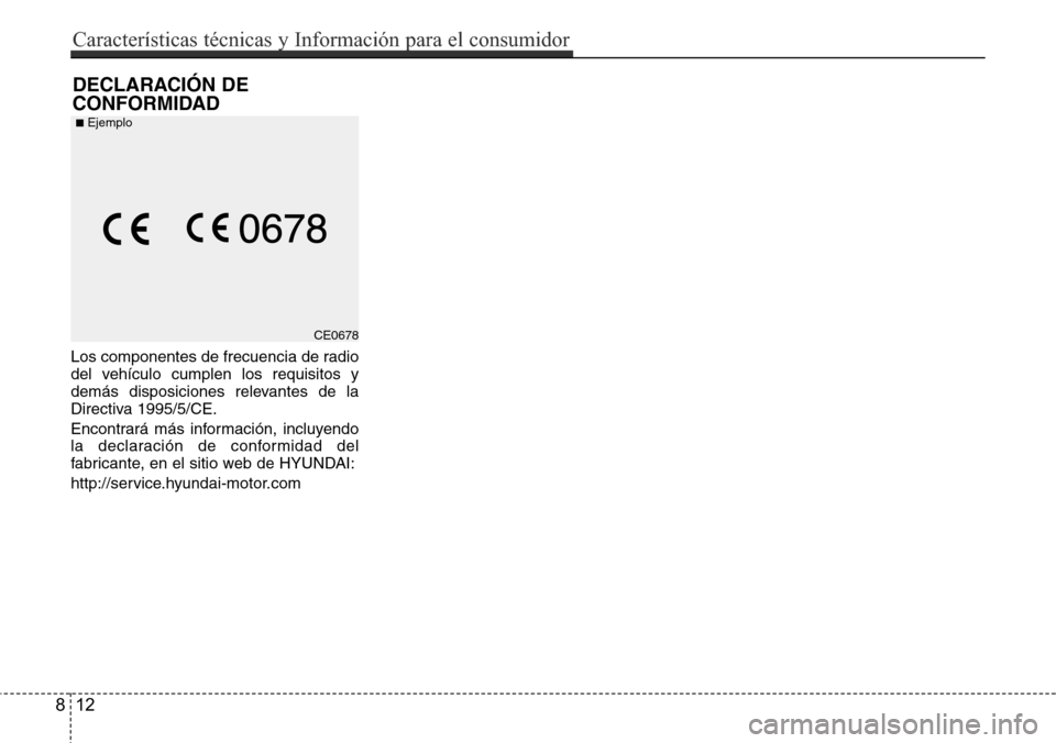 Hyundai Grand Santa Fe 2016  Manual del propietario (in Spanish) Los componentes de frecuencia de radio
del vehículo cumplen los requisitos y
demás disposiciones relevantes de la
Directiva 1995/5/CE.
Encontrará más información, incluyendo
la declaración de co