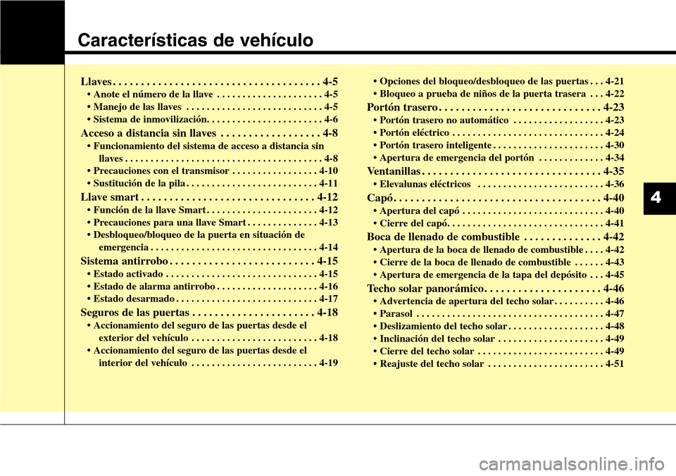 Hyundai Grand Santa Fe 2016 Manual del propietario (in Spanish) Características de vehículo
Llaves . . . . . . . . . . . . . . . . . . . . . . . . . . . . . . . . . . . . . 4-5
• Anote el número de la llave . . . . . . . . . . . . . . . . . . . . . 4-5
• Ma Hyundai Grand Santa Fe 2016 Manual del propietario (in Spanish) Características de vehículo
Llaves . . . . . . . . . . . . . . . . . . . . . . . . . . . . . . . . . . . . . 4-5
• Anote el número de la llave . . . . . . . . . . . . . . . . . . . . . 4-5
• Ma