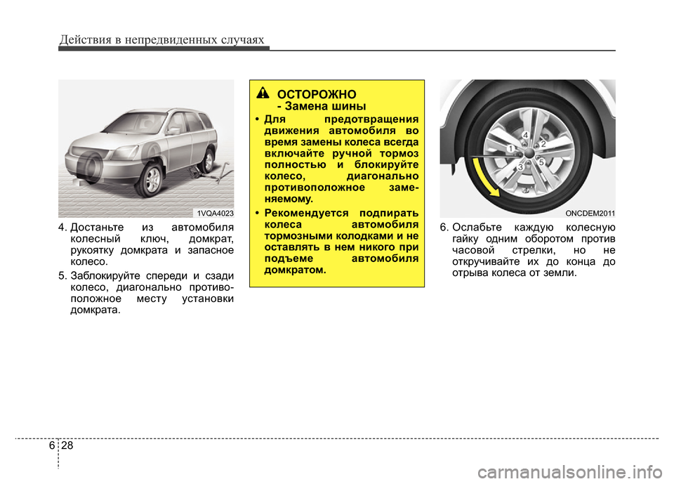 Hyundai Grand Santa Fe 2016  Инструкция по эксплуатации (in Russian) Действия в непредвиденных случаях
28 6
4. Достаньте из автомобиля
колесный ключ, домкрат,
рукоятку домкрата и з