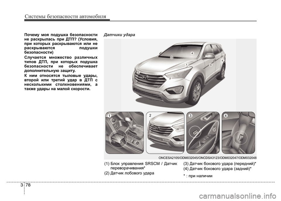 Hyundai Grand Santa Fe 2016  Инструкция по эксплуатации (in Russian) Системы безопасности автомобиля
78 3
Почему моя подушка безопасности
не раскрылась при ДТП? (Условия,
при кото