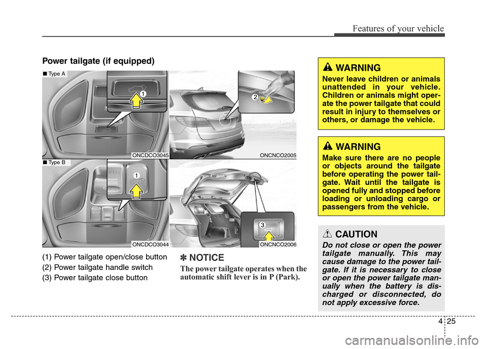 Hyundai Grand Santa Fe 2015  Owners Manual 425
Features of your vehicle
Power tailgate (if equipped)
(1) Power tailgate open/close button
(2) Power tailgate handle switch 
(3) Power tailgate close button✽NOTICE
The power tailgate operates wh