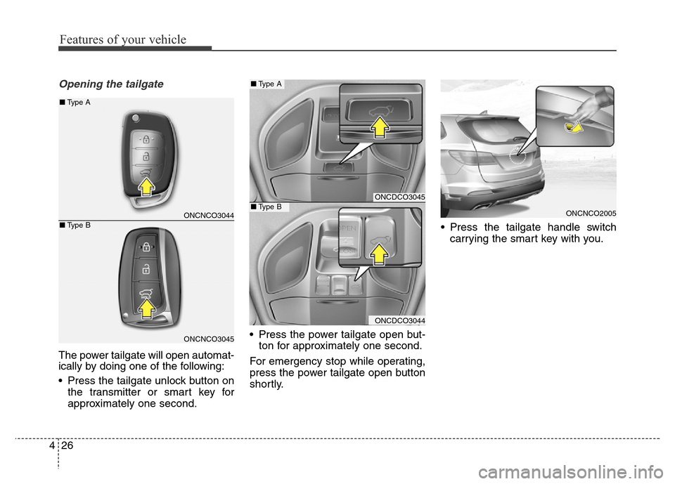 Hyundai Grand Santa Fe 2015  Owners Manual Features of your vehicle
26 4
Opening the tailgate
The power tailgate will open automat-
ically by doing one of the following:
• Press the tailgate unlock button on
the transmitter or smart key for
