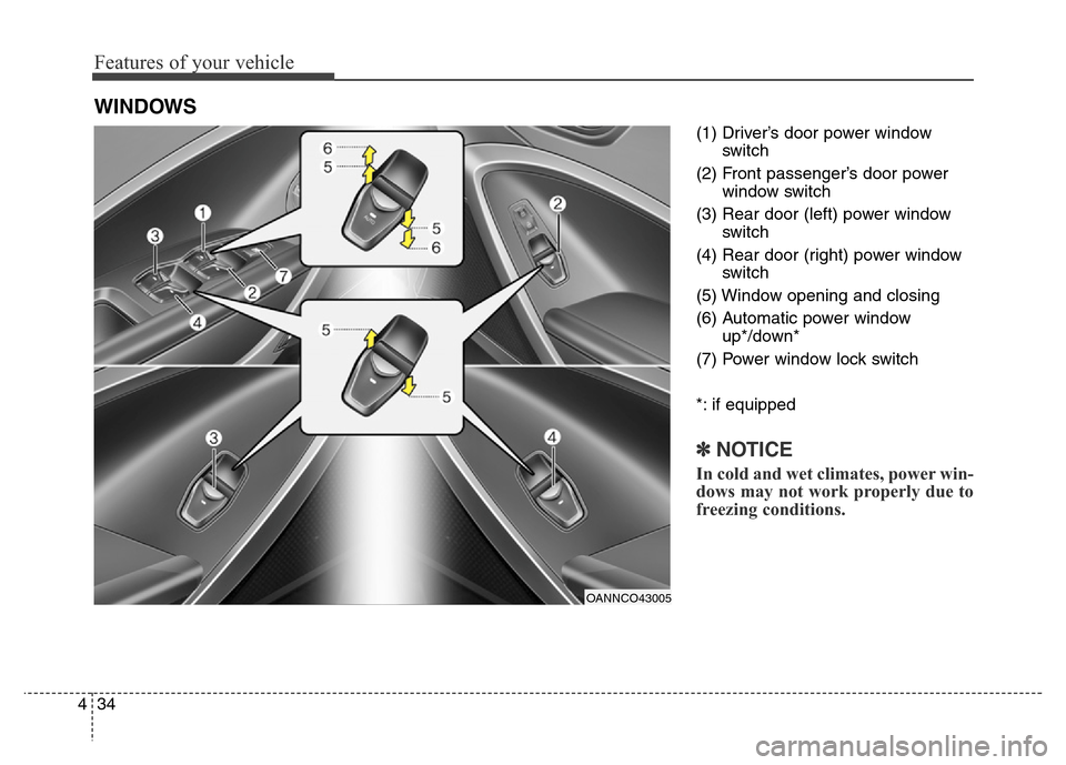 Hyundai Grand Santa Fe 2015  Owners Manual Features of your vehicle
34 4
(1) Driver’s door power window
switch
(2) Front passenger’s door power
window switch
(3) Rear door (left) power window
switch
(4) Rear door (right) power window
switc