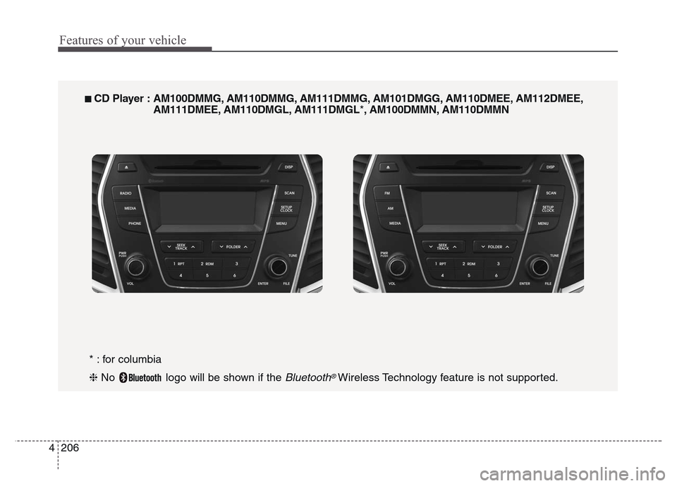 Hyundai Grand Santa Fe 2015  Owners Manual Features of your vehicle
206 4
* : for columbia
❈ No  logo will be shown if the 
Bluetooth®Wireless Technology feature is not supported.
■ CD Player : AM100DMMG, AM110DMMG, AM111DMMG, AM101DMGG, 