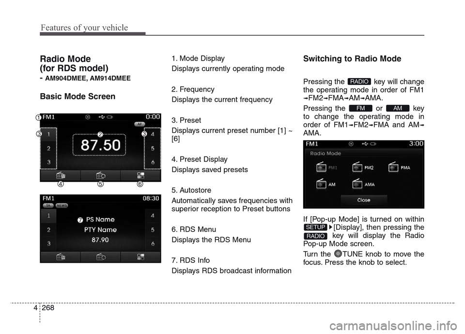 Hyundai Grand Santa Fe 2015  Owners Manual Features of your vehicle
268 4
Radio Mode 
(for RDS model)
- AM904DMEE, AM914DMEE
Basic Mode Screen
1. Mode Display
Displays currently operating mode
2. Frequency
Displays the current frequency
3. Pre