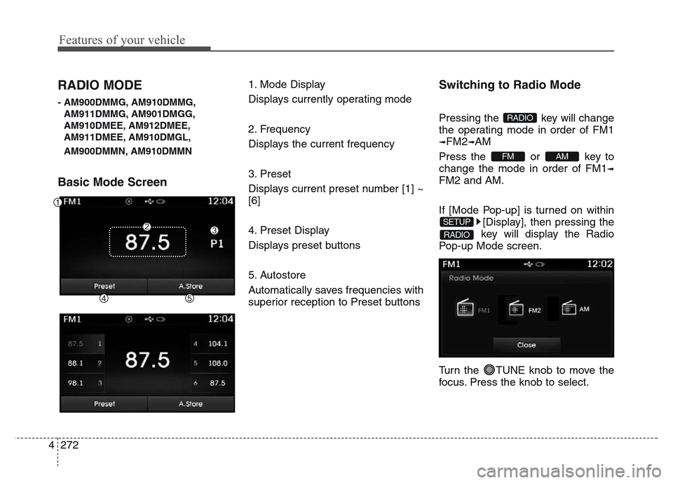 Hyundai Grand Santa Fe 2015  Owners Manual Features of your vehicle
272 4
RADIO MODE
- AM900DMMG, AM910DMMG,
AM911DMMG, AM901DMGG,
AM910DMEE, AM912DMEE,
AM911DMEE, AM910DMGL,
AM900DMMN, AM910DMMN
Basic Mode Screen
1. Mode Display
Displays curr