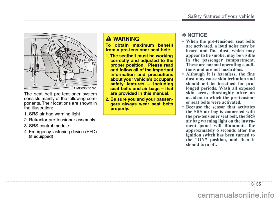 Hyundai Grand Santa Fe 2015  Owners Manual 335
Safety features of your vehicle
The seat belt pre-tensioner system
consists mainly of the following com-
ponents. Their locations are shown in
the illustration:
1. SRS air bag warning light
2. Ret