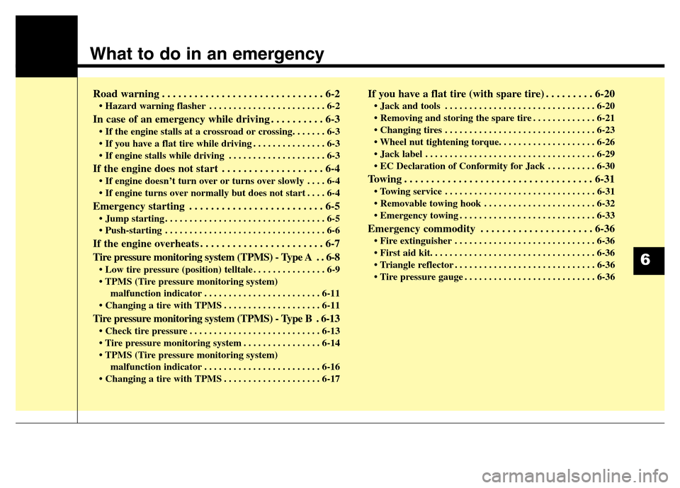 Hyundai Grand Santa Fe 2015  Owners Manual What to do in an emergency
Road warning . . . . . . . . . . . . . . . . . . . . . . . . . . . . . . 6-2
• Hazard warning flasher . . . . . . . . . . . . . . . . . . . . . . . . 6-2
In case of an eme