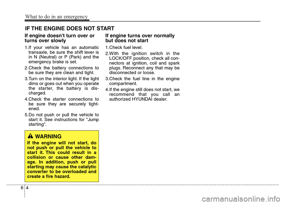 Hyundai Grand Santa Fe 2015  Owners Manual What to do in an emergency
4 6
IF THE ENGINE DOES NOT START
If engine doesnt turn over or
turns over slowly
1.If your vehicle has an automatic
transaxle, be sure the shift lever is
in N (Neutral) or 