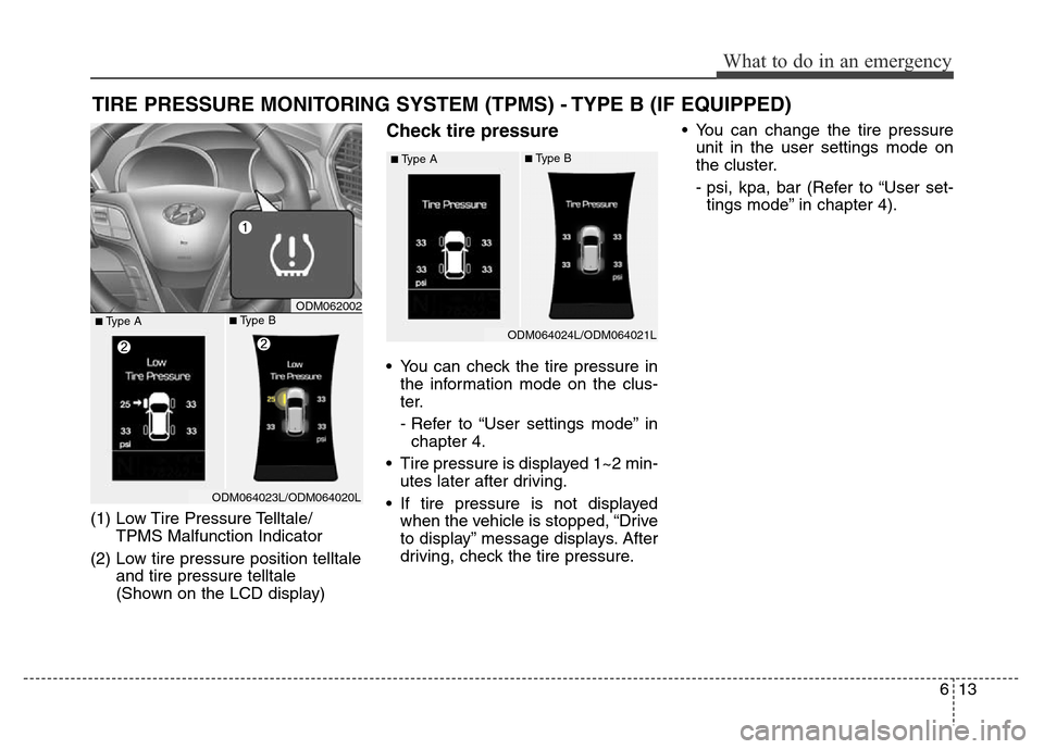 Hyundai Grand Santa Fe 2015  Owners Manual 613
What to do in an emergency
TIRE PRESSURE MONITORING SYSTEM (TPMS) - TYPE B (IF EQUIPPED)
(1) Low Tire Pressure Telltale/
TPMS Malfunction Indicator
(2) Low tire pressure position telltale
and tire
