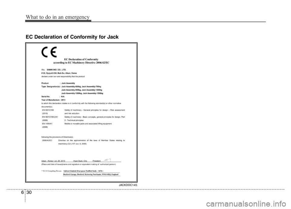 Hyundai Grand Santa Fe 2015  Owners Manual What to do in an emergency
30 6
EC Declaration of Conformity for Jack 
JACKDOC14S 