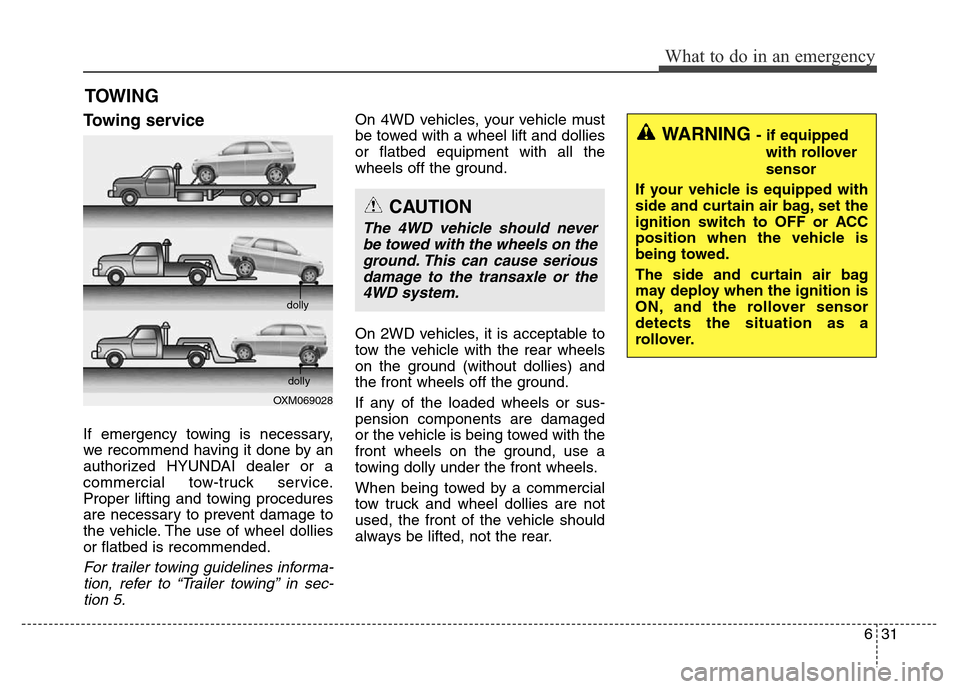 Hyundai Grand Santa Fe 2015  Owners Manual 631
What to do in an emergency
TOWING
Towing service
If emergency towing is necessary,
we recommend having it done by an
authorized HYUNDAI dealer or a
commercial tow-truck service.
Proper lifting and