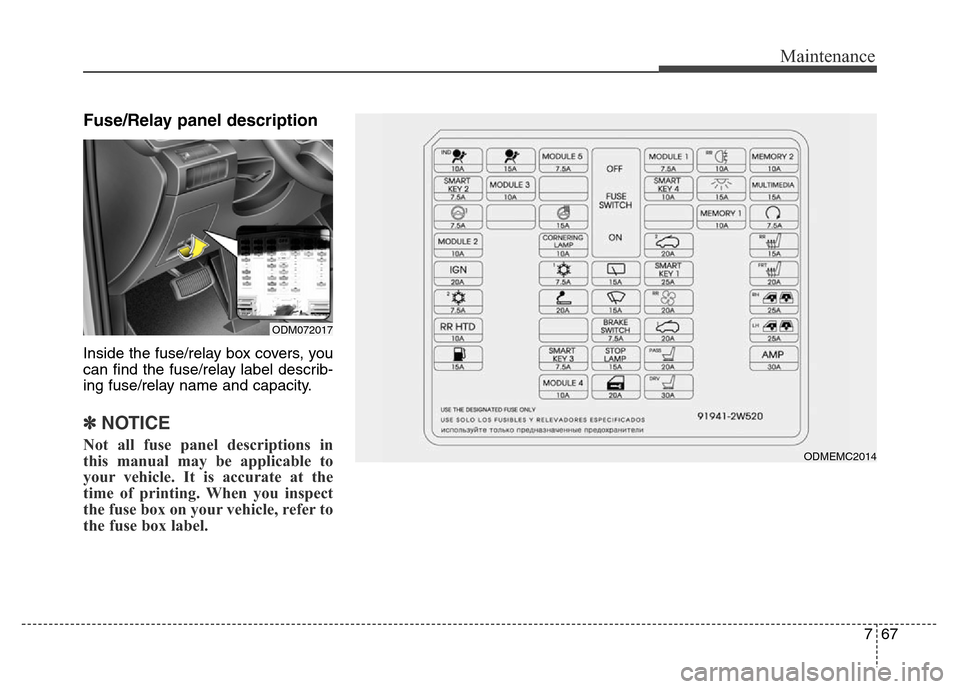 Hyundai Grand Santa Fe 2015  Owners Manual 767
Maintenance
Fuse/Relay panel description
Inside the fuse/relay box covers, you
can find the fuse/relay label describ-
ing fuse/relay name and capacity.
✽NOTICE
Not all fuse panel descriptions in