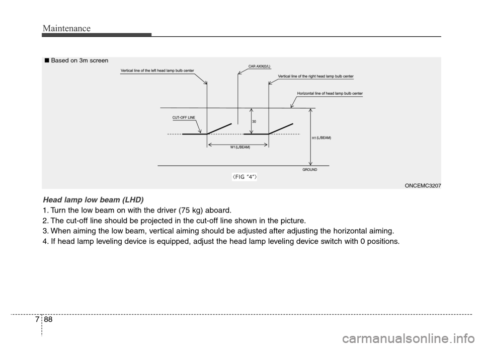 Hyundai Grand Santa Fe 2015  Owners Manual Maintenance
88 7
ONCEMC3207
Head lamp low beam (LHD) 
1. Turn the low beam on with the driver (75 kg) aboard.
2. The cut-off line should be projected in the cut-off line shown in the picture.
3. When 