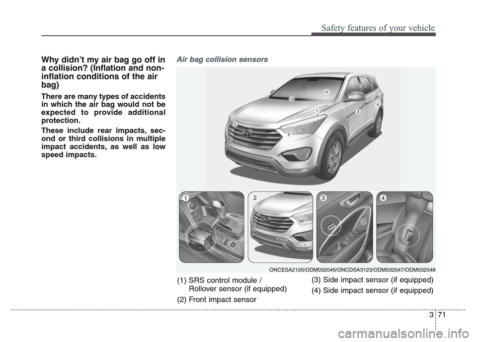 Hyundai Grand Santa Fe 2015  Owners Manual 371
Safety features of your vehicle
Why didn’t my air bag go off in
a collision? (Inflation and non-
inflation conditions of the air
bag)
There are many types of accidents
in which the air bag would