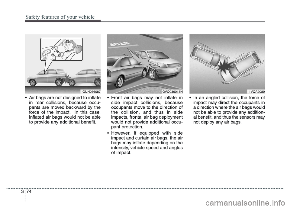 Hyundai Grand Santa Fe 2015  Owners Manual Safety features of your vehicle
74 3
• Air bags are not designed to inflate
in rear collisions, because occu-
pants are moved backward by the
force of the impact. In this case,
inflated air bags wou