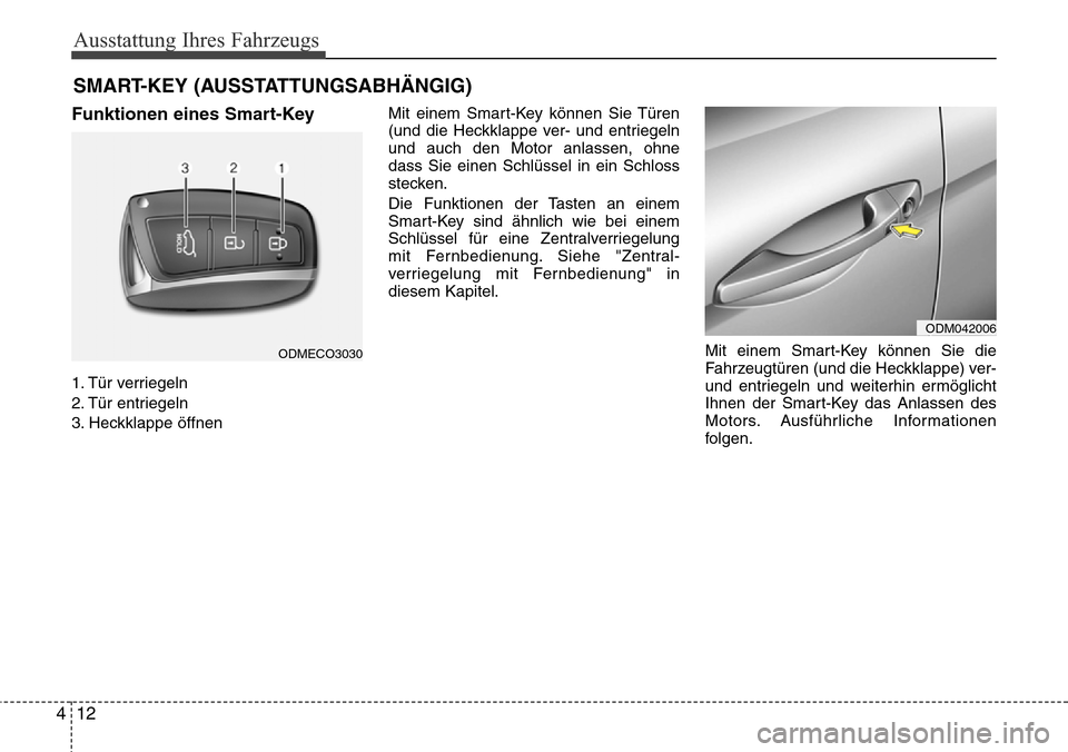 Hyundai Grand Santa Fe 2015  Betriebsanleitung (in German) Ausstattung Ihres Fahrzeugs
12
4
Funktionen eines Smart-Key
1. Tür verriegeln
2. Tür entriegeln
3. Heckklappe öffnen Mit einem Smart-Key können Sie Türen
(und die Heckklappe ver- und entriegeln
u