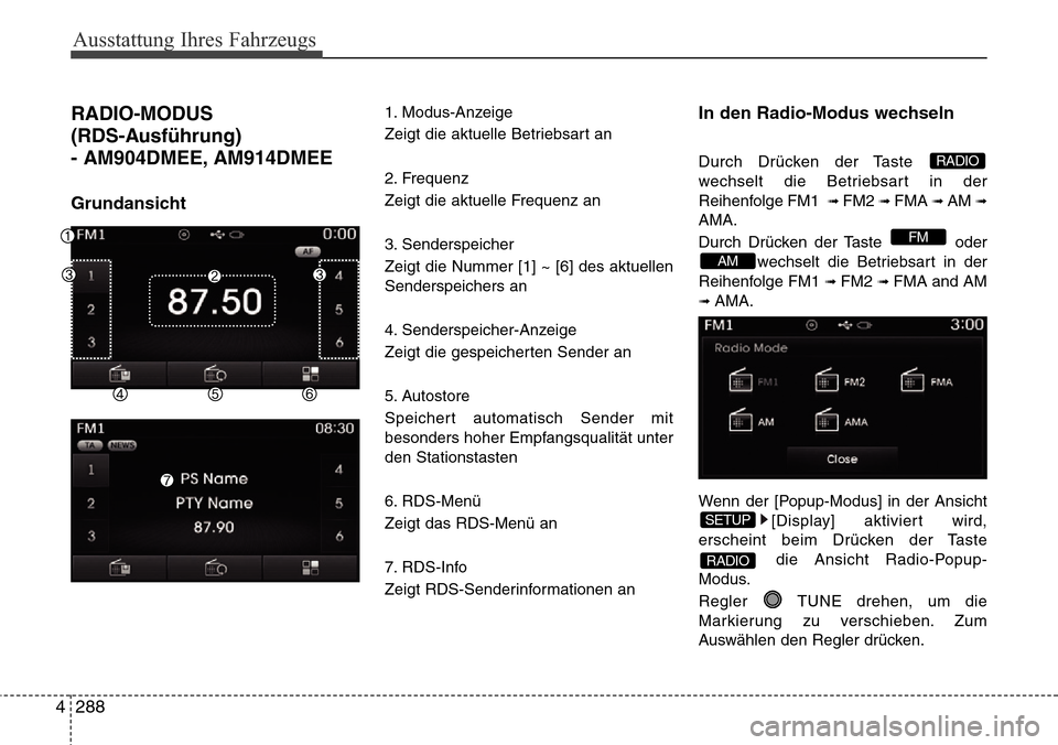 Hyundai Grand Santa Fe 2015 Betriebsanleitung (in German) Ausstattung Ihres Fahrzeugs
288
4
RADIO-MODUS
(RDS-Ausführung)
- AM904DMEE, AM914DMEE
Grundansicht
1. Modus-Anzeige
Zeigt die aktuelle Betriebsart an
2. Frequenz
Zeigt die aktuelle Frequenz an
3. Sen Hyundai Grand Santa Fe 2015 Betriebsanleitung (in German) Ausstattung Ihres Fahrzeugs
288
4
RADIO-MODUS
(RDS-Ausführung)
- AM904DMEE, AM914DMEE
Grundansicht
1. Modus-Anzeige
Zeigt die aktuelle Betriebsart an
2. Frequenz
Zeigt die aktuelle Frequenz an
3. Sen