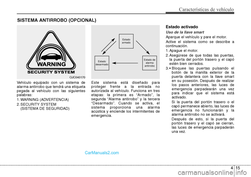Hyundai Grand Santa Fe 2015  Manual del propietario (in Spanish) 415
Características de vehículo
Vehículo equipado con un sistema de
alarma antirrobo que tendrá una etiqueta
pegada al vehículo con las siguientes
palabras:
1. WARNING (ADVERTENCIA)
2. SECURITY S