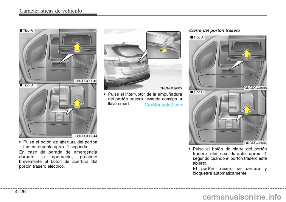 Hyundai Grand Santa Fe 2015  Manual del propietario (in Spanish) Características de vehículo
26 4
• Pulse el botón de abertura del portón
trasero durante aprox. 1 segundo.
En caso de parada de emergencia
durante la operación, presione
brevemente el botón de