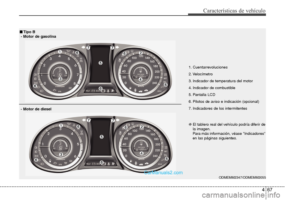Hyundai Grand Santa Fe 2015  Manual del propietario (in Spanish) 467
Características de vehículo
ODMEMM2347/ODMEMM2055
■Tipo B
- Motor de gasolina
- Motor de diesel
1. Cuentarrevoluciones
2. Velocímetro
3. Indicador de temperatura del motor
4. Indicador de com