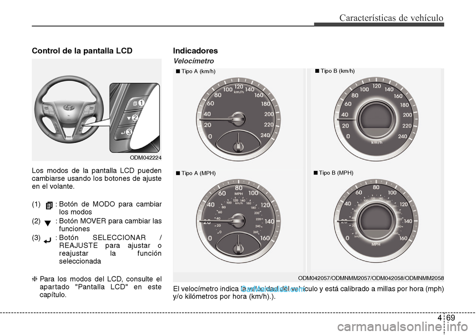 Hyundai Grand Santa Fe 2015  Manual del propietario (in Spanish) 469
Características de vehículo
El velocímetro indica la velocidad del vehículo y está calibrado a millas por hora (mph)
y/o kilómetros por hora (km/h).).
Control de la pantalla LCD
Los modos de
