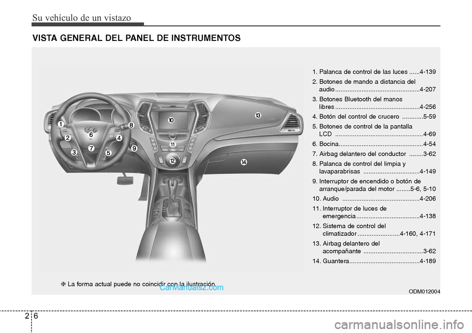 Hyundai Grand Santa Fe 2015 Manual del propietario (in Spanish) Su vehículo de un vistazo
6 2
VISTA GENERAL DEL PANEL DE INSTRUMENTOS
1. Palanca de control de las luces ......4-139
2. Botones de mando a distancia del
audio ....................................... Hyundai Grand Santa Fe 2015 Manual del propietario (in Spanish) Su vehículo de un vistazo
6 2
VISTA GENERAL DEL PANEL DE INSTRUMENTOS
1. Palanca de control de las luces ......4-139
2. Botones de mando a distancia del
audio .......................................