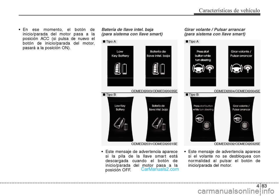 Hyundai Grand Santa Fe 2015  Manual del propietario (in Spanish) 483
Características de vehículo
• En ese momento, el botón de
inicio/parada del motor pasa a la
posición ACC (si pulsa de nuevo el
botón de inicio/parada del motor,
pasará a la posición ON).B