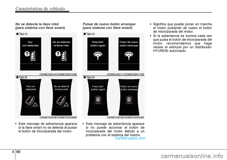 Hyundai Grand Santa Fe 2015  Manual del propietario (in Spanish) Características de vehículo
86 4
No se detecta la llave intel.
(para sistema con llave smart)
• Este mensaje de advertencia aparece
si la llave smart no se detecta al pulsar
el botón de inicio/pa
