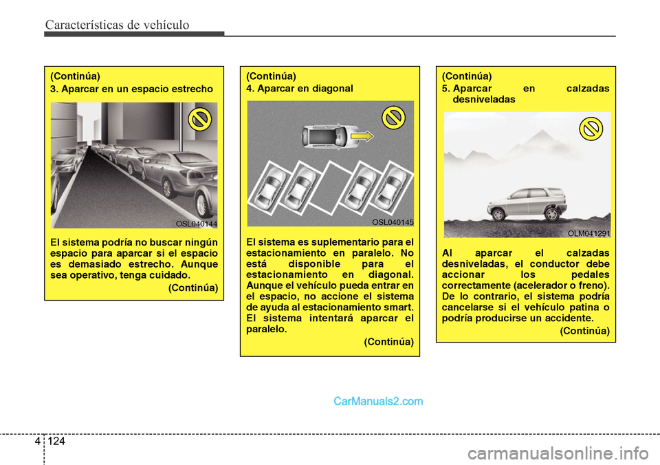 Hyundai Grand Santa Fe 2015  Manual del propietario (in Spanish) Características de vehículo
124 4
(Continúa)
3. Aparcar en un espacio estrecho 
El sistema podría no buscar ningún
espacio para aparcar si el espacio
es demasiado estrecho. Aunque
sea operativo, 