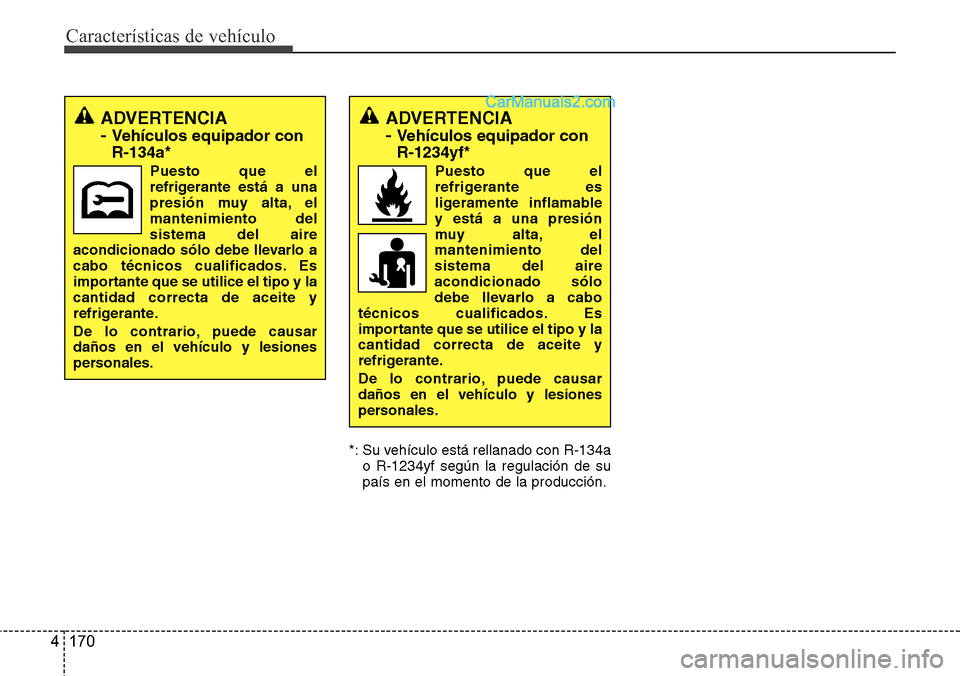 Hyundai Grand Santa Fe 2015  Manual del propietario (in Spanish) Características de vehículo
170 4
*: Su vehículo está rellanado con R-134a
o R-1234yf según la regulación de su
país en el momento de la producción.
ADVERTENCIA
- 
Vehículos equipador con
R-1